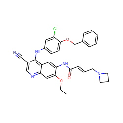 CCOc1cc2ncc(C#N)c(Nc3ccc(OCc4ccccc4)c(Cl)c3)c2cc1NC(=O)/C=C/CN1CCC1 ZINC000028124363