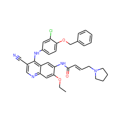 CCOc1cc2ncc(C#N)c(Nc3ccc(OCc4ccccc4)c(Cl)c3)c2cc1NC(=O)/C=C/CN1CCCC1 ZINC000028126049