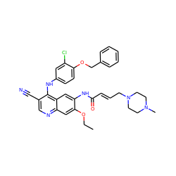 CCOc1cc2ncc(C#N)c(Nc3ccc(OCc4ccccc4)c(Cl)c3)c2cc1NC(=O)/C=C/CN1CCN(C)CC1 ZINC000028120162