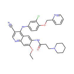 CCOc1cc2ncc(C#N)c(Nc3ccc(OCc4ccccn4)c(Cl)c3)c2cc1NC(=O)CCN1CCCCC1 ZINC000084653008