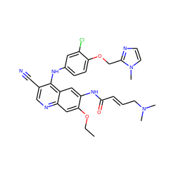 CCOc1cc2ncc(C#N)c(Nc3ccc(OCc4nccn4C)c(Cl)c3)c2cc1NC(=O)/C=C/CN(C)C ZINC000028113354