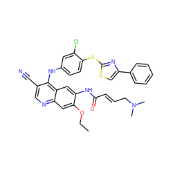 CCOc1cc2ncc(C#N)c(Nc3ccc(Sc4nc(-c5ccccc5)cs4)c(Cl)c3)c2cc1NC(=O)/C=C/CN(C)C ZINC000028112365