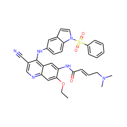 CCOc1cc2ncc(C#N)c(Nc3ccc4c(ccn4S(=O)(=O)c4ccccc4)c3)c2cc1NC(=O)/C=C/CN(C)C ZINC000028121616