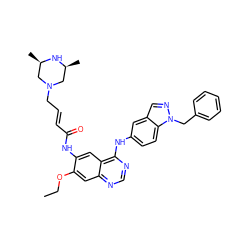 CCOc1cc2ncnc(Nc3ccc4c(cnn4Cc4ccccc4)c3)c2cc1NC(=O)/C=C/CN1C[C@H](C)N[C@H](C)C1 ZINC001772578658