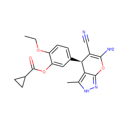 CCOc1ccc([C@H]2C(C#N)=C(N)Oc3n[nH]c(C)c32)cc1OC(=O)C1CC1 ZINC000004040722