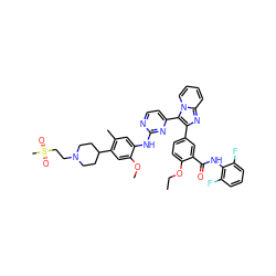 CCOc1ccc(-c2nc3ccccn3c2-c2ccnc(Nc3cc(C)c(C4CCN(CCS(C)(=O)=O)CC4)cc3OC)n2)cc1C(=O)Nc1c(F)cccc1F ZINC000165092013