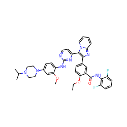 CCOc1ccc(-c2nc3ccccn3c2-c2ccnc(Nc3ccc(N4CCN(C(C)C)CC4)cc3OC)n2)cc1C(=O)Nc1c(F)cccc1F ZINC000165095631