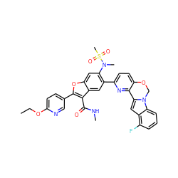 CCOc1ccc(-c2oc3cc(N(C)S(C)(=O)=O)c(-c4ccc5c(n4)-c4cc6c(F)cccc6n4CO5)cc3c2C(=O)NC)cn1 ZINC000212198528