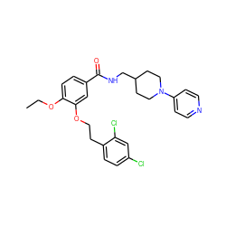 CCOc1ccc(C(=O)NCC2CCN(c3ccncc3)CC2)cc1OCCc1ccc(Cl)cc1Cl ZINC000013643392