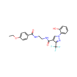 CCOc1ccc(C(=O)NCCNC(=O)c2cn(-c3ccccc3O)nc2C(F)(F)F)cc1 ZINC000049068192