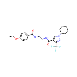 CCOc1ccc(C(=O)NCCNC(=O)c2cn(C3CCCCC3)nc2C(F)(F)F)cc1 ZINC000049071768