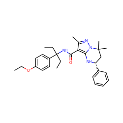 CCOc1ccc(C(CC)(CC)NC(=O)c2c(C)nn3c2N[C@@H](c2ccccc2)CC3(C)C)cc1 ZINC000066113855