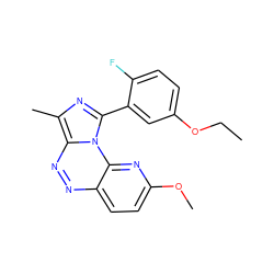 CCOc1ccc(F)c(-c2nc(C)c3nnc4ccc(OC)nc4n23)c1 ZINC000084689567