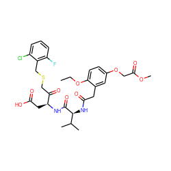 CCOc1ccc(OCC(=O)OC)cc1CC(=O)N[C@H](C(=O)N[C@@H](CC(=O)O)C(=O)CSCc1c(F)cccc1Cl)C(C)C ZINC000027884110