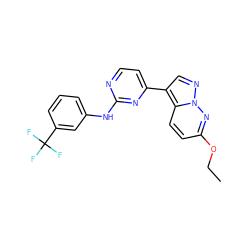 CCOc1ccc2c(-c3ccnc(Nc4cccc(C(F)(F)F)c4)n3)cnn2n1 ZINC000013582615