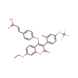 CCOc1ccc2c(Oc3ccc(/C=C/C(=O)O)cc3)c(-c3ccc(OC(F)(F)F)cc3C)c(=O)oc2c1 ZINC000299852312