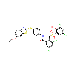 CCOc1ccc2nc(Sc3ccc(NC(=O)c4cc(Cl)cc(Cl)c4CS(=O)(=O)c4cc(Cl)cc(Cl)c4O)cc3)sc2c1 ZINC000026569687