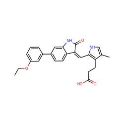 CCOc1cccc(-c2ccc3c(c2)NC(=O)/C3=C\c2[nH]cc(C)c2CCC(=O)O)c1 ZINC000013802876