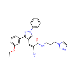 CCOc1cccc(-c2nn(-c3ccccc3)cc2/C=C(/C#N)C(=O)NCCCn2ccnc2)c1 ZINC000008683411