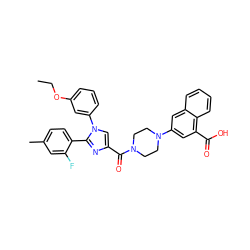 CCOc1cccc(-n2cc(C(=O)N3CCN(c4cc(C(=O)O)c5ccccc5c4)CC3)nc2-c2ccc(C)cc2F)c1 ZINC000042807415