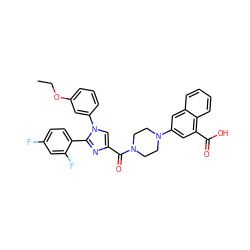 CCOc1cccc(-n2cc(C(=O)N3CCN(c4cc(C(=O)O)c5ccccc5c4)CC3)nc2-c2ccc(F)cc2F)c1 ZINC000042851807