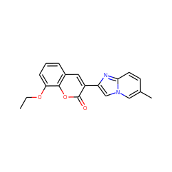 CCOc1cccc2cc(-c3cn4cc(C)ccc4n3)c(=O)oc12 ZINC000002957780