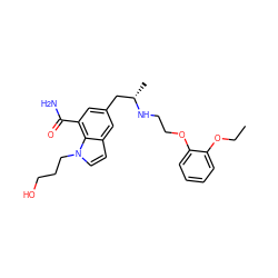 CCOc1ccccc1OCCN[C@@H](C)Cc1cc(C(N)=O)c2c(ccn2CCCO)c1 ZINC000034353412