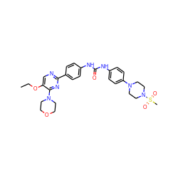 CCOc1cnc(-c2ccc(NC(=O)Nc3ccc(N4CCN(S(C)(=O)=O)CC4)cc3)cc2)nc1N1CCOCC1 ZINC000144125747