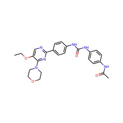 CCOc1cnc(-c2ccc(NC(=O)Nc3ccc(NC(C)=O)cc3)cc2)nc1N1CCOCC1 ZINC000205768896