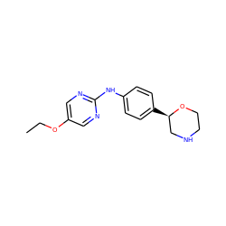 CCOc1cnc(Nc2ccc([C@@H]3CNCCO3)cc2)nc1 ZINC000149913366