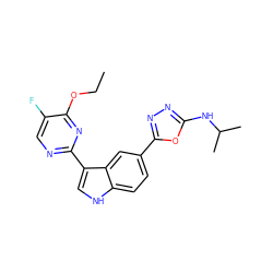 CCOc1nc(-c2c[nH]c3ccc(-c4nnc(NC(C)C)o4)cc23)ncc1F ZINC000145428863