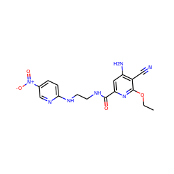 CCOc1nc(C(=O)NCCNc2ccc([N+](=O)[O-])cn2)cc(N)c1C#N ZINC000028888124