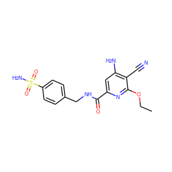 CCOc1nc(C(=O)NCc2ccc(S(N)(=O)=O)cc2)cc(N)c1C#N ZINC000063298521