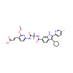 CCOc1nc(NC(=O)C(C)(C)NC(=O)c2ccc3c(C4CCCC4)c(-c4ccc(F)cn4)n(C)c3c2)ccc1/C=C/C(=O)O ZINC000299861050