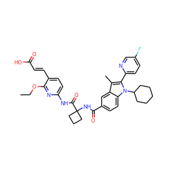 CCOc1nc(NC(=O)C2(NC(=O)c3ccc4c(c3)c(C)c(-c3ccc(F)cn3)n4C3CCCCC3)CCC2)ccc1/C=C/C(=O)O ZINC000299867224