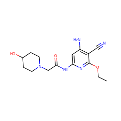 CCOc1nc(NC(=O)CN2CCC(O)CC2)cc(N)c1C#N ZINC000014960121