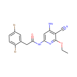 CCOc1nc(NC(=O)Cc2cc(Br)ccc2Br)cc(N)c1C#N ZINC000014960069