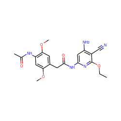 CCOc1nc(NC(=O)Cc2cc(OC)c(NC(C)=O)cc2OC)cc(N)c1C#N ZINC000014960073