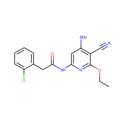 CCOc1nc(NC(=O)Cc2ccccc2Cl)cc(N)c1C#N ZINC000014960032