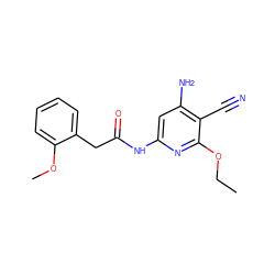 CCOc1nc(NC(=O)Cc2ccccc2OC)cc(N)c1C#N ZINC000014960055