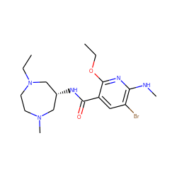 CCOc1nc(NC)c(Br)cc1C(=O)N[C@@H]1CN(C)CCN(CC)C1 ZINC000022928192