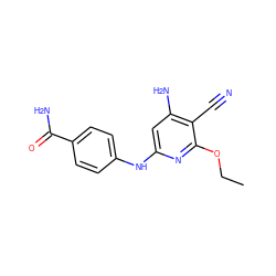 CCOc1nc(Nc2ccc(C(N)=O)cc2)cc(N)c1C#N ZINC000084689621