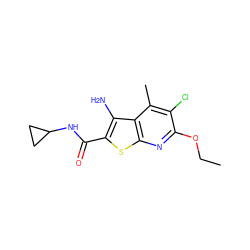 CCOc1nc2sc(C(=O)NC3CC3)c(N)c2c(C)c1Cl ZINC000140475965