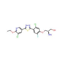 CCOc1ncc(-c2nnc(-c3cc(F)c(OC[C@H](N)CO)cc3Cl)s2)cc1Cl ZINC000653700770