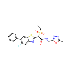 CCS(=O)(=O)[C@@H](C(=O)NCc1nnc(C)o1)c1nc2cc(F)c(-c3ccccc3)cc2s1 ZINC000144059872