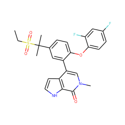 CCS(=O)(=O)C(C)(C)c1ccc(Oc2ccc(F)cc2F)c(-c2cn(C)c(=O)c3[nH]ccc23)c1 ZINC000146427934