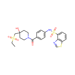 CCS(=O)(=O)CC1(O)CCN(C(=O)c2ccc(NS(=O)(=O)c3cccc4scnc34)cc2)CC1 ZINC000220542383