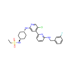 CCS(=O)(=O)N[C@H]1CC[C@H](Nc2cc(-c3cccc(NCc4cccc(F)c4)n3)c(Cl)cn2)CC1 ZINC000261104658