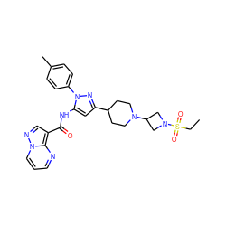 CCS(=O)(=O)N1CC(N2CCC(c3cc(NC(=O)c4cnn5cccnc45)n(-c4ccc(C)cc4)n3)CC2)C1 ZINC000142491577