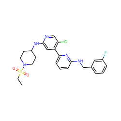 CCS(=O)(=O)N1CCC(Nc2cc(-c3cccc(NCc4cccc(F)c4)n3)c(Cl)cn2)CC1 ZINC000115455210